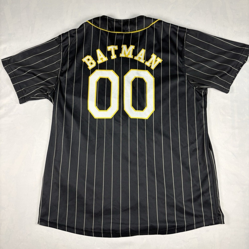 Batman Baseball Jersey Mens XL Black Pinstripe Button Up DC Comics Bat Logo